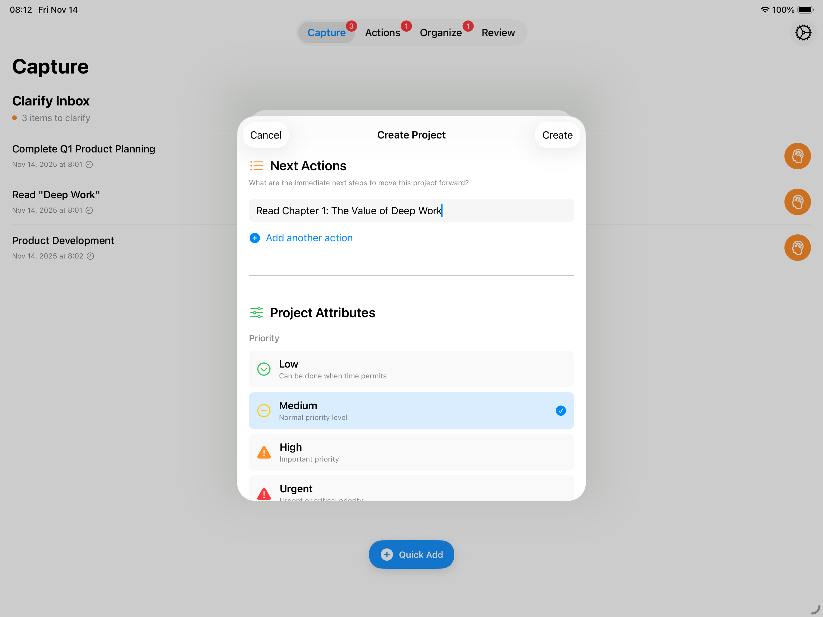 iPad Clarify as Project - Add Next Action